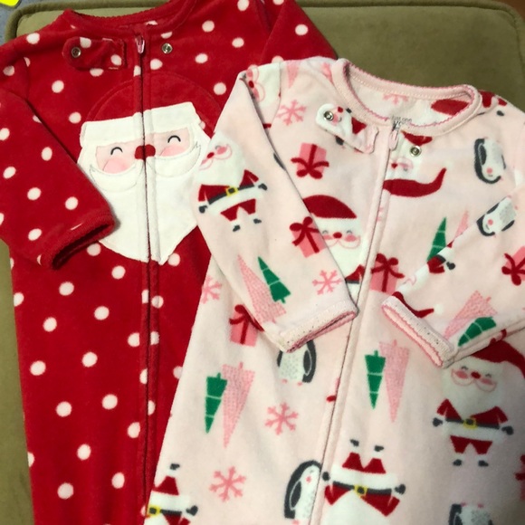 Carters Just One You Girls Footed Fleece Pajamas 2T 3T Santa Christmas Set of 2